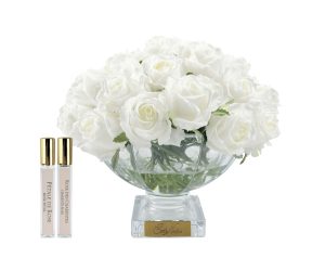COTE NOIRE LUXURY CENTREPIECE 37 ROSE BUD BOUQUET - WHITE & GOLD BADGE